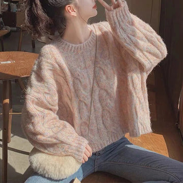 Getadme-Japan Sweet Women Knitted Sweater Fashion Loose Preppy Style Jumper Lazy Wind O Neck Long Sleeve Fall Lady Wool Pullovers